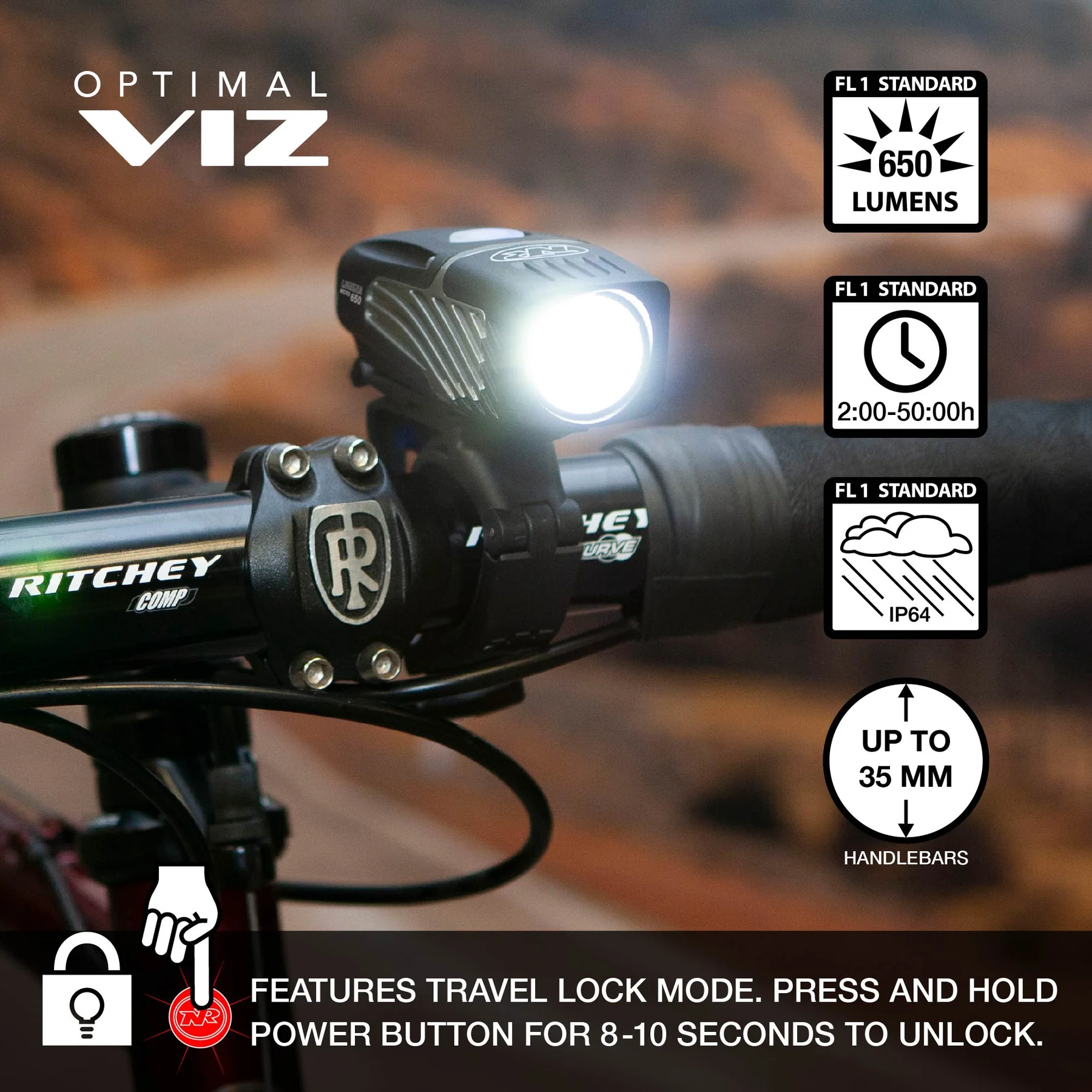 Combo de luces Nite Rider delantera y trasera Lumina™ Micro 650 Lumens y Vmax+™ 150 Lumens